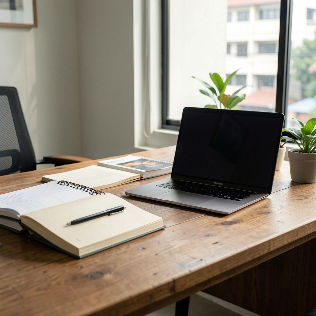 Tarlonev editorial workspace with notebooks, a laptop, and natural morning light on a wooden desk in Jakarta