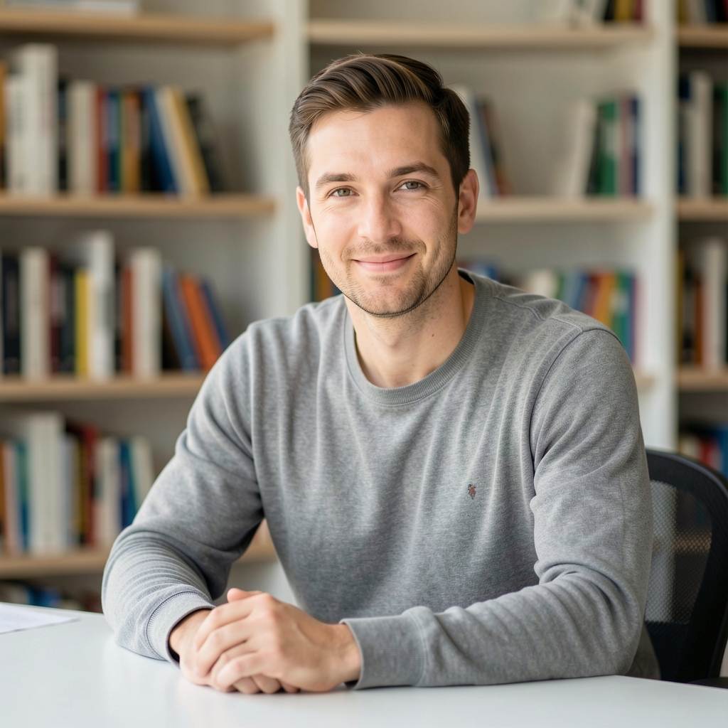 Portrait of a male wellness writer seated at a clean desk, casual attire, bookshelves in soft focus behind him