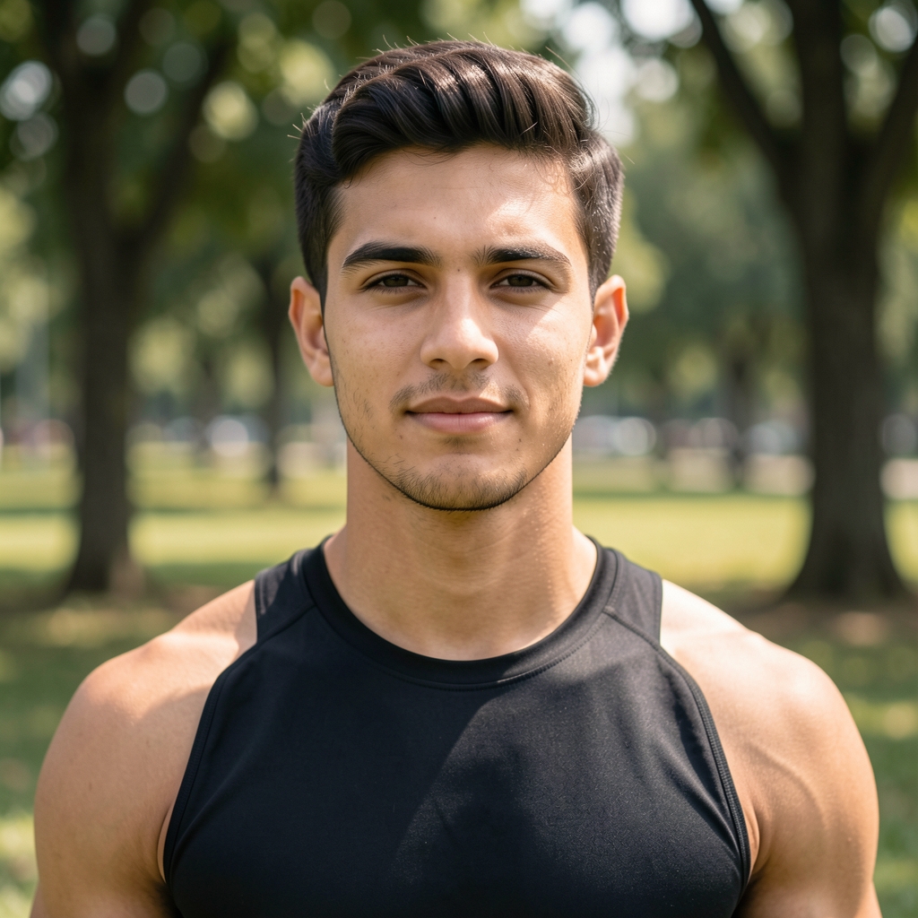 Portrait of a young male fitness contributor outdoors in a park, wearing sports attire, natural light, candid pose