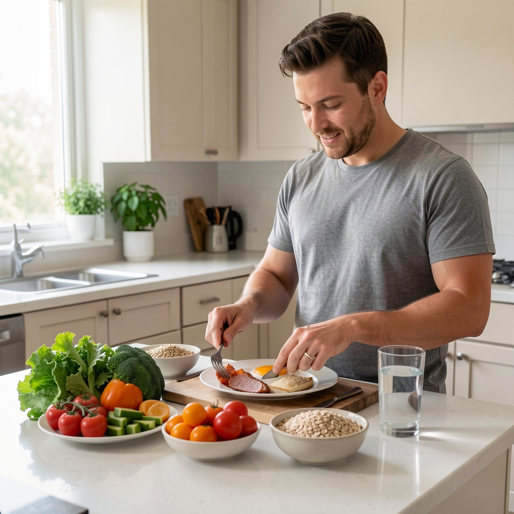 Man preparing a balanced breakfast at a well-lit kitchen counter with fresh vegetables, whole grains and a glass of water