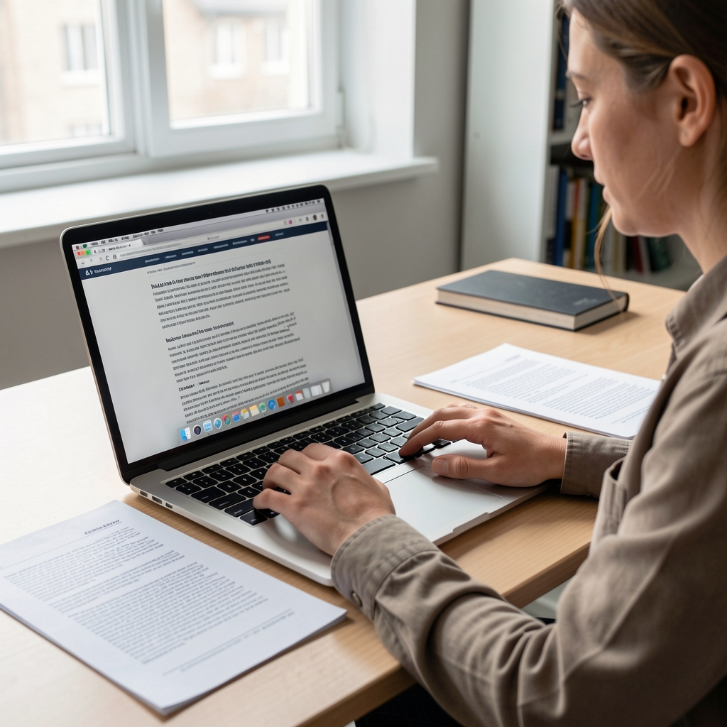 Researcher reviewing peer-reviewed journal articles on a laptop screen with printed reference notes on a desk in a clean workspace