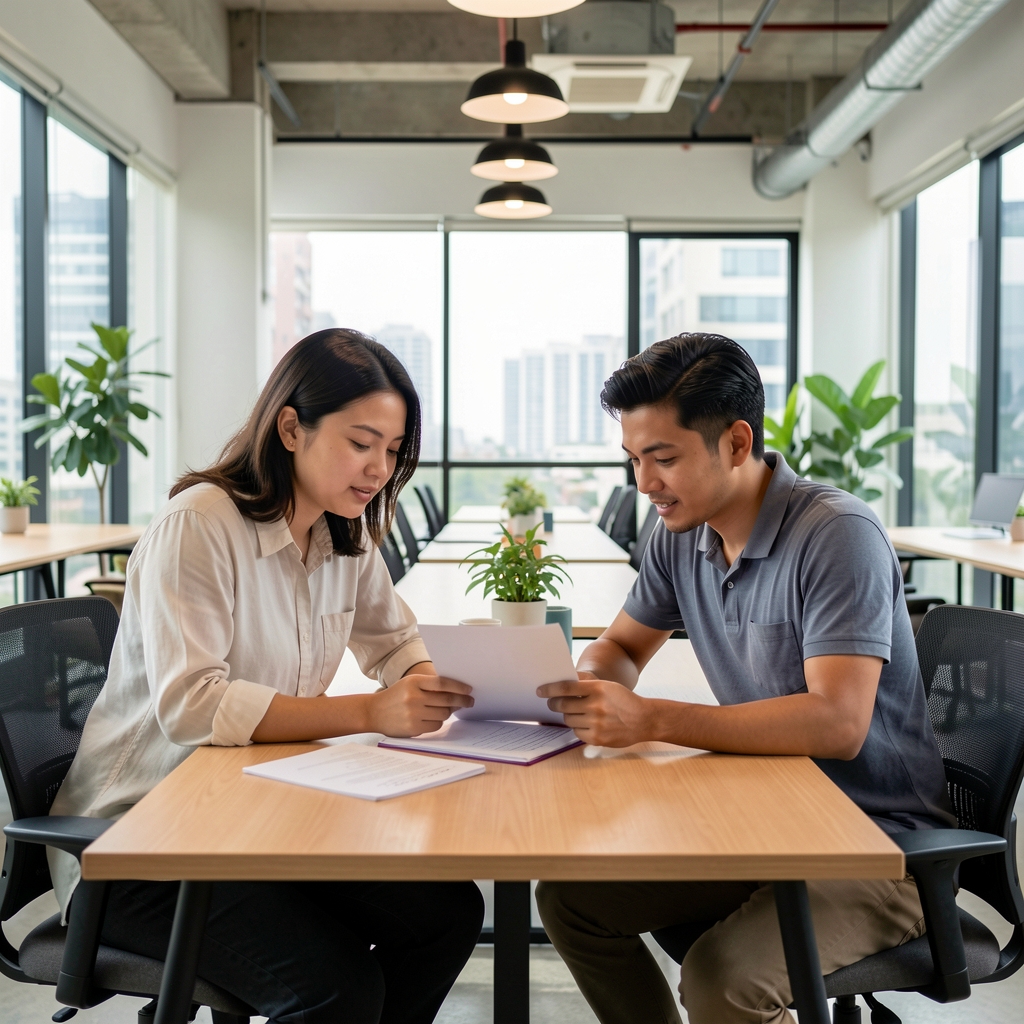 Two people reviewing a document together at a shared desk in a modern Jakarta co-working space, focused and collaborative