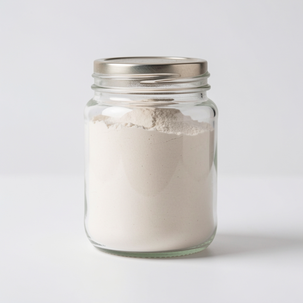 Glass jar of magnesium glycinate supplement powder on a white surface, minimal labelling, studio lighting with controlled brightness