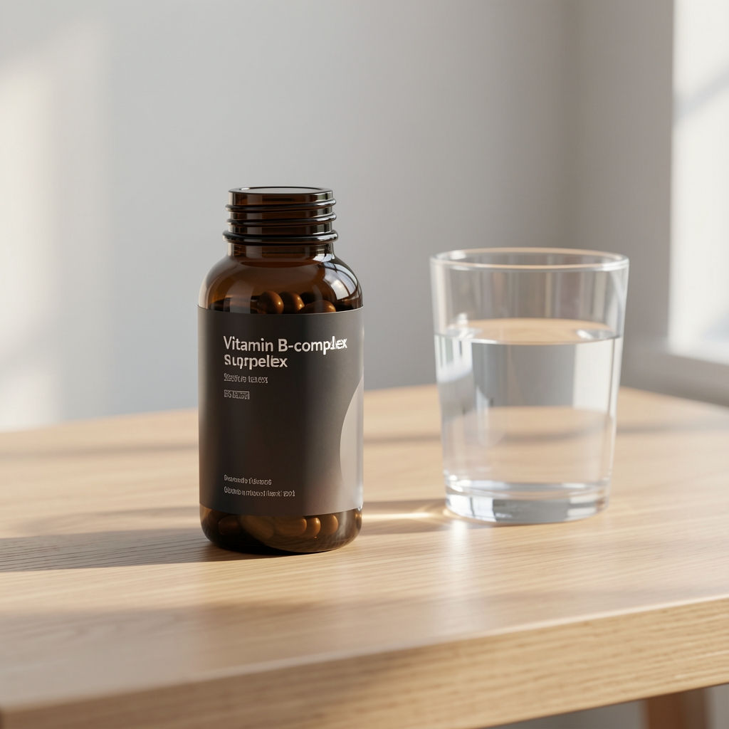 Dark glass bottle of vitamin B-complex supplement on a clean wooden desk next to a water glass, morning light on a minimalist surface